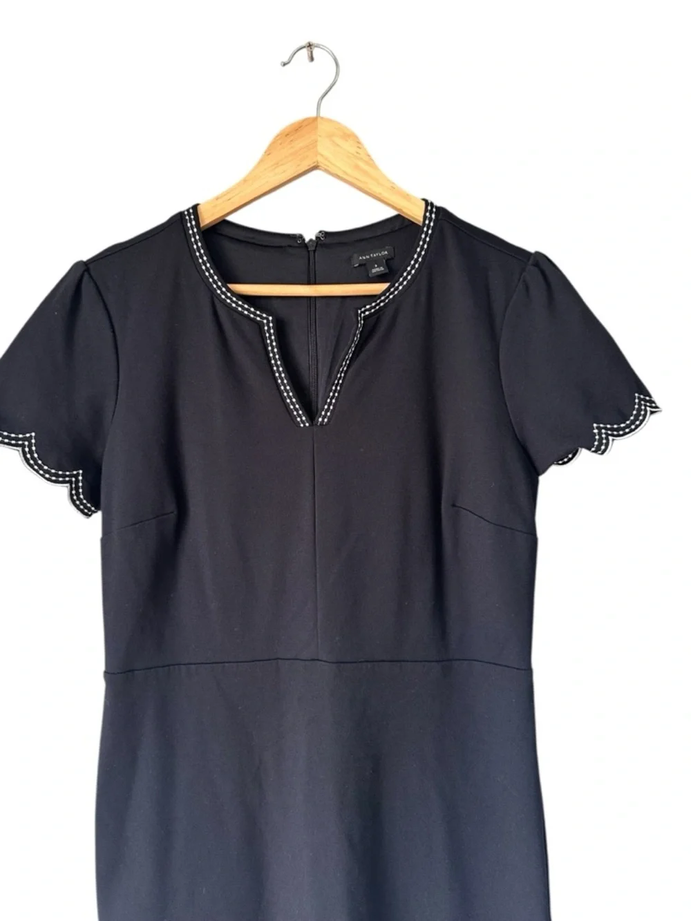 Ann Taylor Black Midi Dress with White Trim Scalloped Sleeves, 8